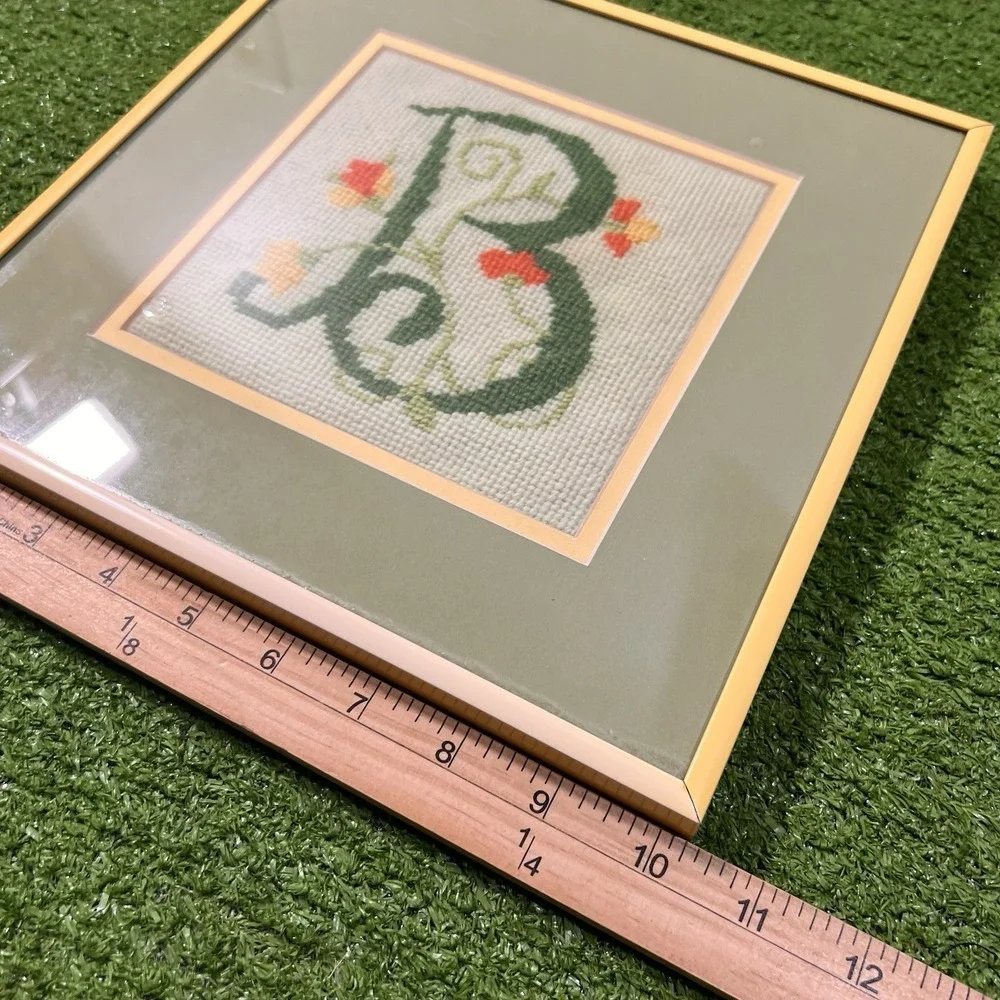 Vintage Framed Needlepoint Floral Monogram Professional Framed Sage Green Yellow